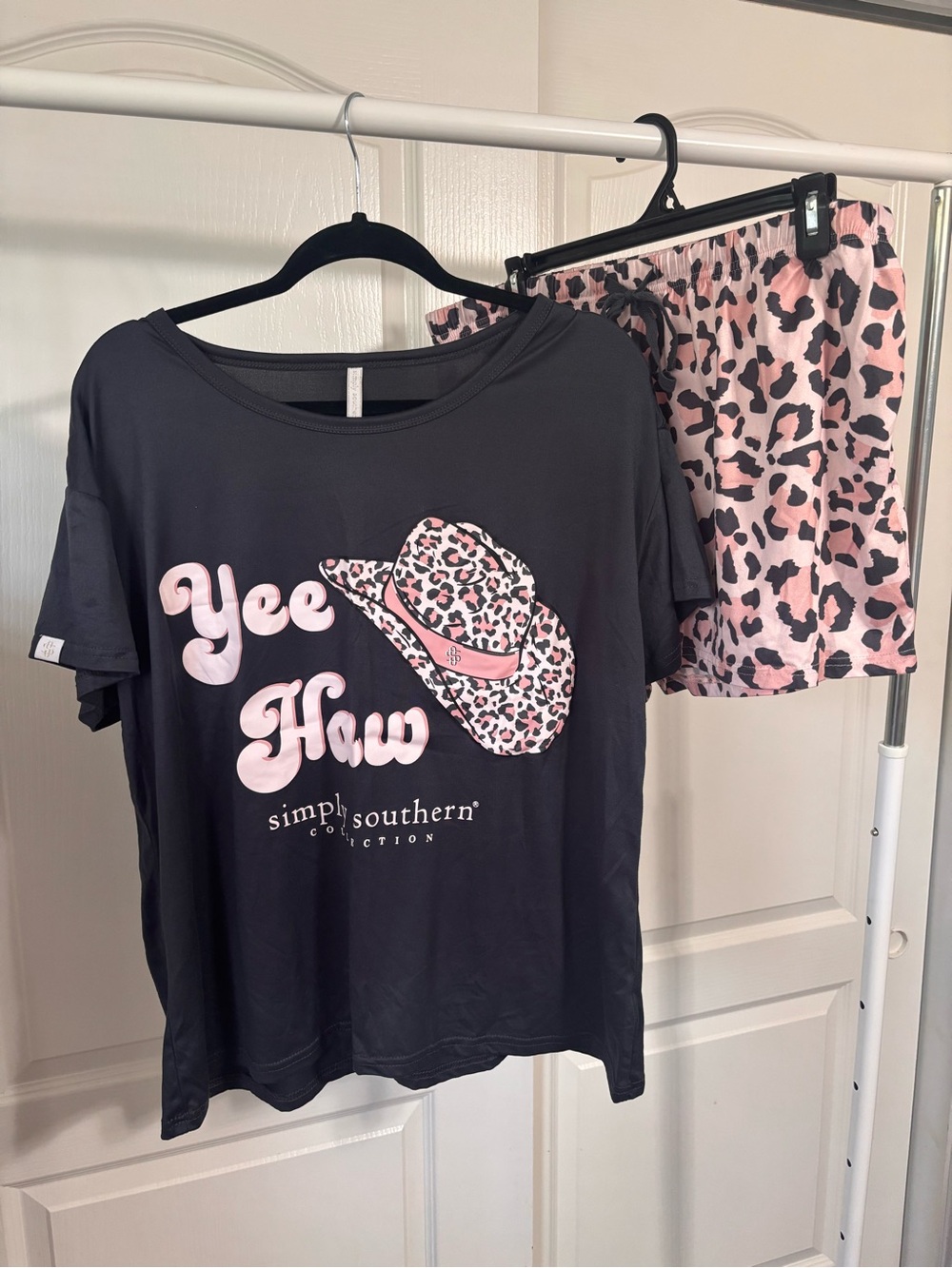 Simply Southern Black & Pink Leopard 'Yee Haw' Pajama Set